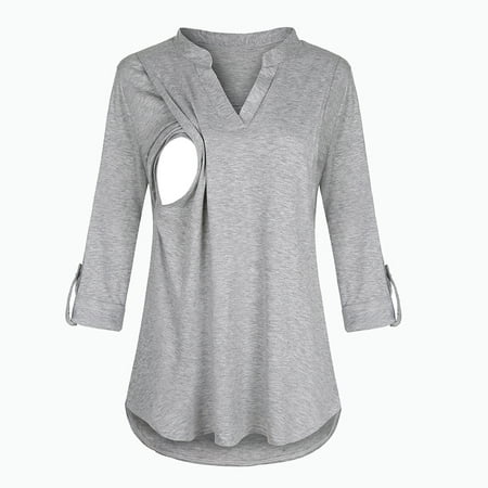 

QENGING Maternity Clothes for Women Pregnancy Top V-Neck Solid Long Sleeve Breastfeeding T-Shirts Nursing Buttons Blouse Tops GrayXL