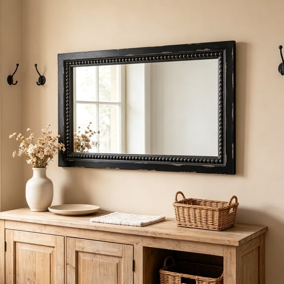Sintosin Rustic Rectangular Wall Mirror, Distressed Black Solid Wood Frame with Beaded Detail, Horizontal Vertical Hanging Farmhouse Mirror for Bathroom Bedroom Entryway, 20" x 29"