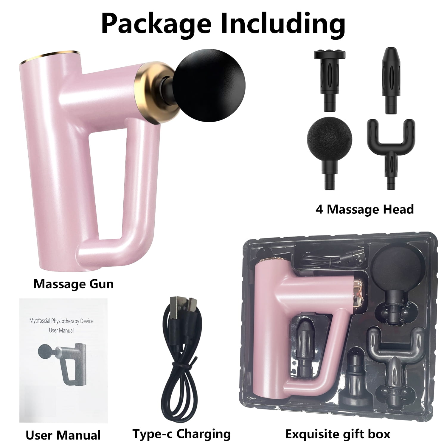 Syenll Massage Gun, Massage Gun Deep Tissue, Percussion Massage Gun with 4 Heads and 6 Speeds, Handheld Massager for Athletes Pain Relief, Pink