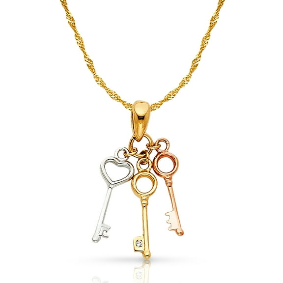 14K Tri Color Gold Key to My 3 Triple Variety Key Charm Pendant with 1.2mm Singapore Chain Necklace - 16"