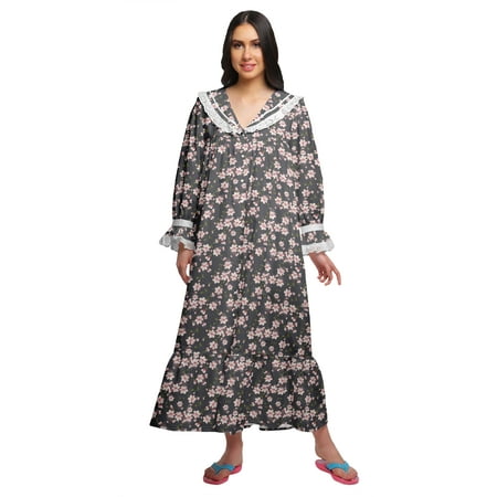 

Moomaya Printed V-Neck Sleepwear Cotton Ruffled Border WoMen s Maxi Nightdress
