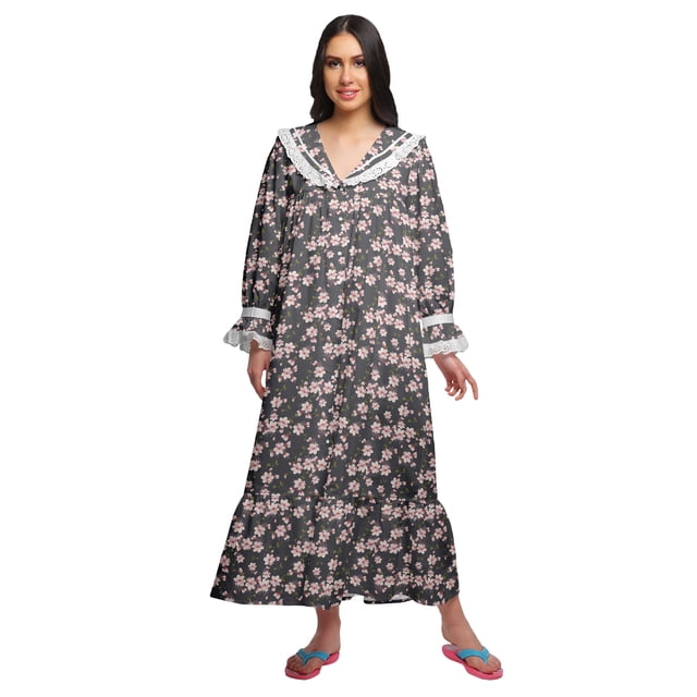 Moomaya Robe de Nuit Maxi à Manches Longues Imprimée Boutonnée en Coton