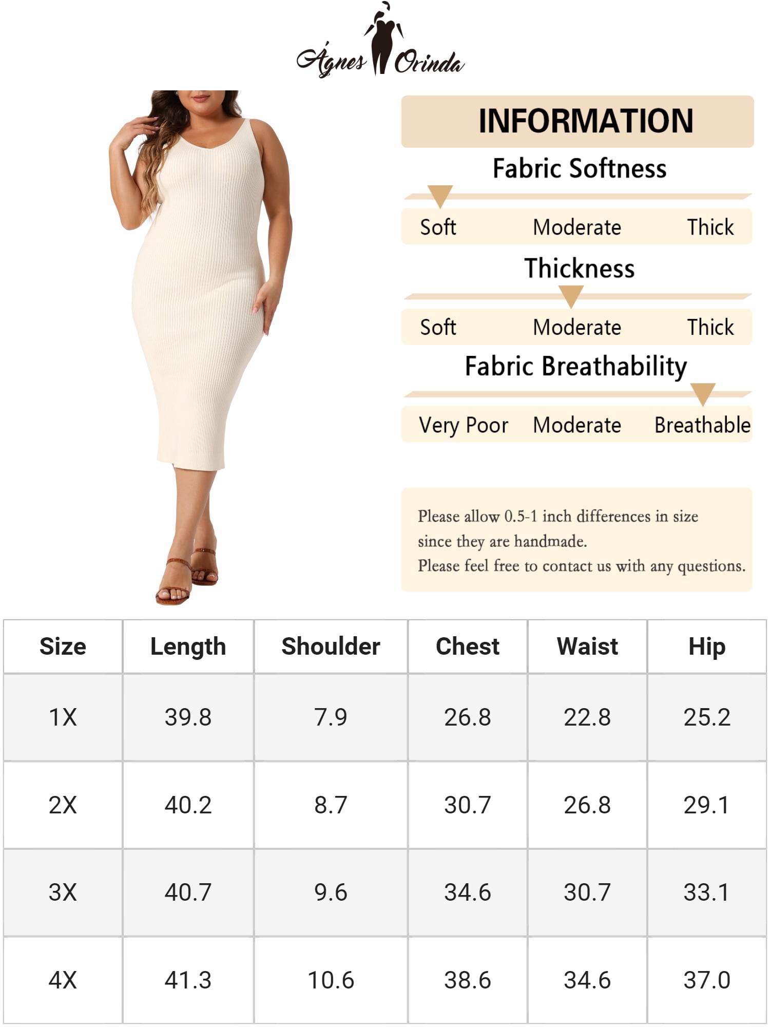 DARING DIVA Plus Size Sweater V Neck Ribbed Knit Bodycon Dress 1X Beige