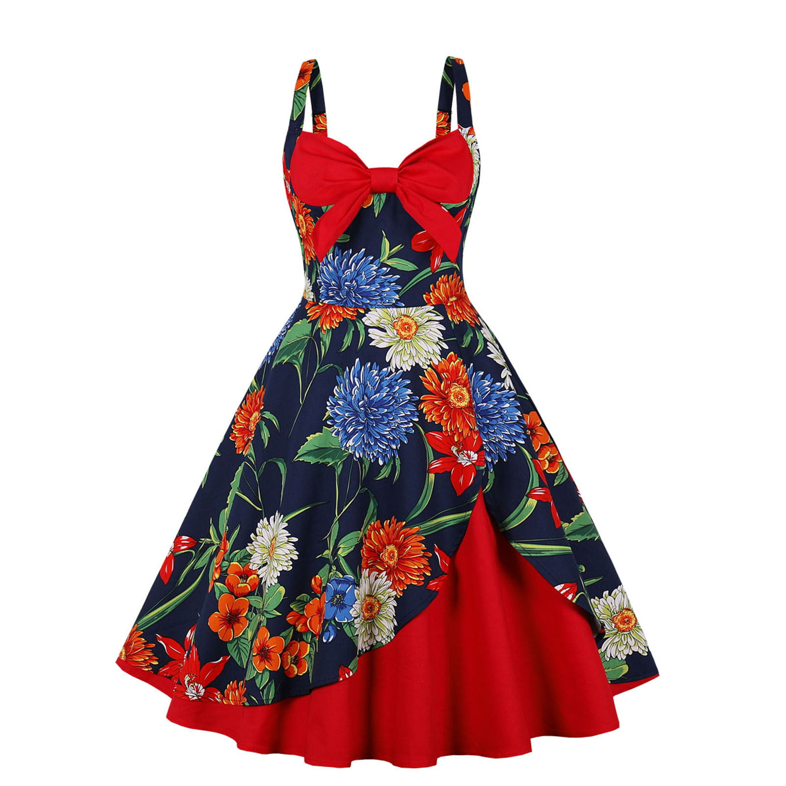 Women Vintage Dress 1950s Classic Print Sleeveless Summer Casual Floral Adjustable-Strappy Party Swing Dress Size S-2XL 