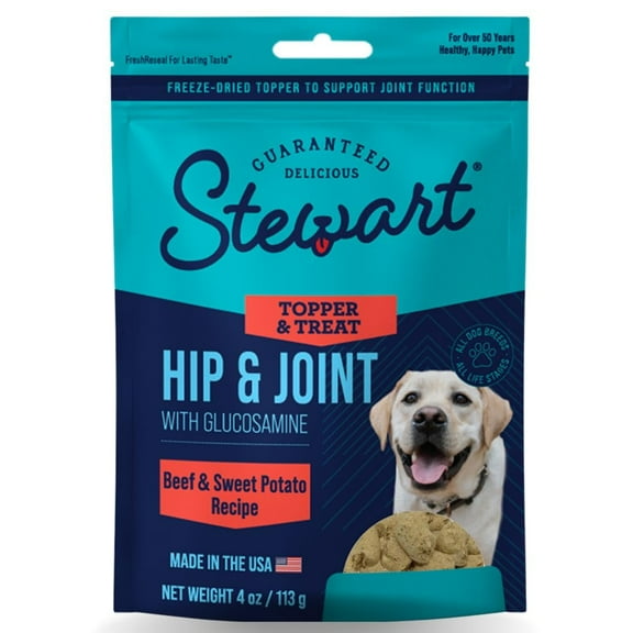 Stewart Freeze Dried Dog Food Topper, Hip and Joint, Beef and Sweet Potato Recipe, 4 Ounce Pouch, Glucosamine for Healthy Joints