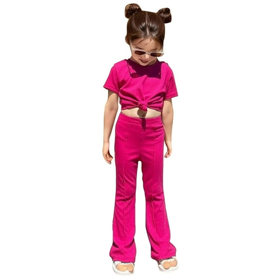 FAOWME Baby Kids Girls Boys Autumn Solid Color Short Sleeve T-Shirt Long Pants Set Outfits Clothes Hot Pink 3-4 Years