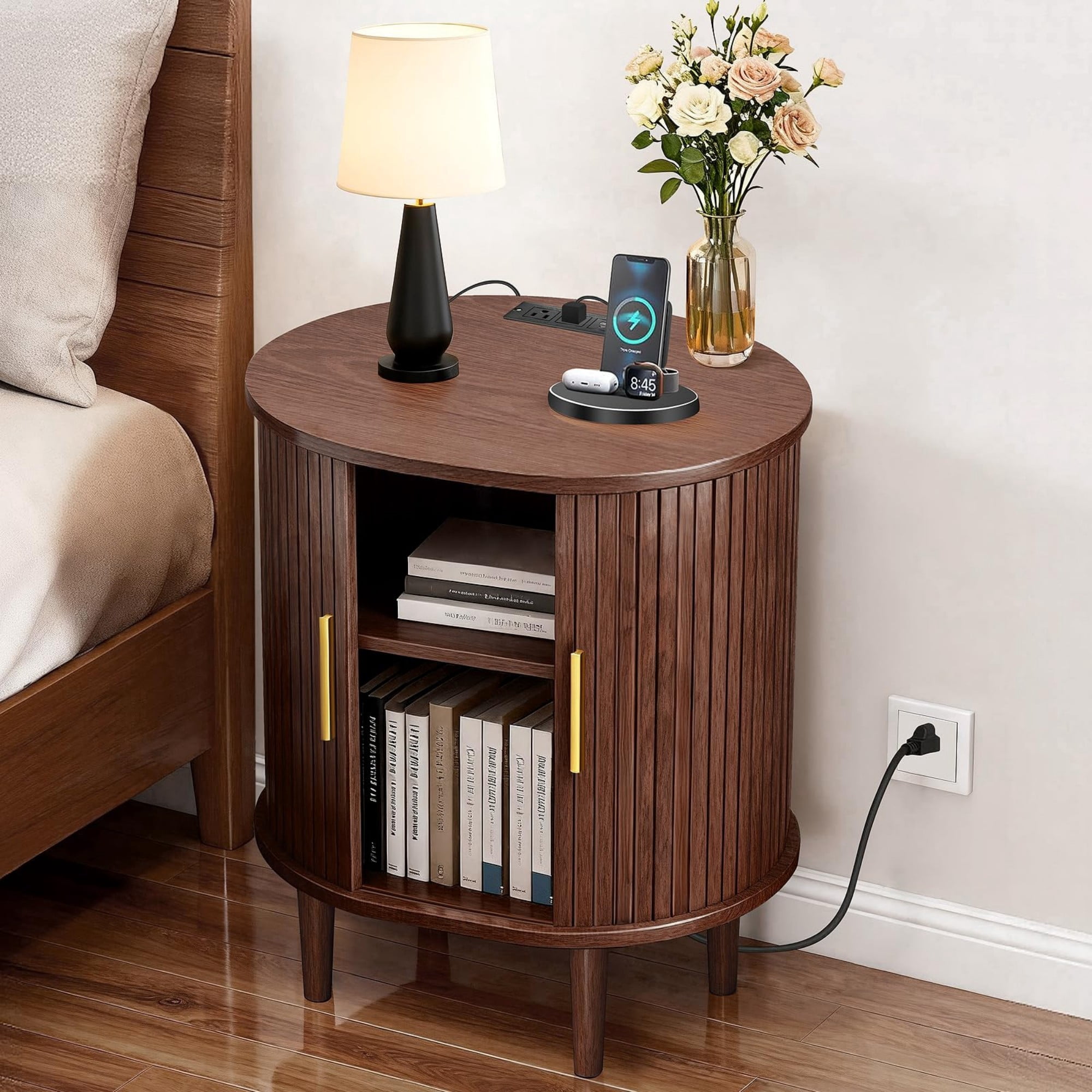 Mid Century Modern Nightstand Set of 2 with Charging Station, Fluted Side Table with Sliding Door & Adjustable Shelf, Coffee