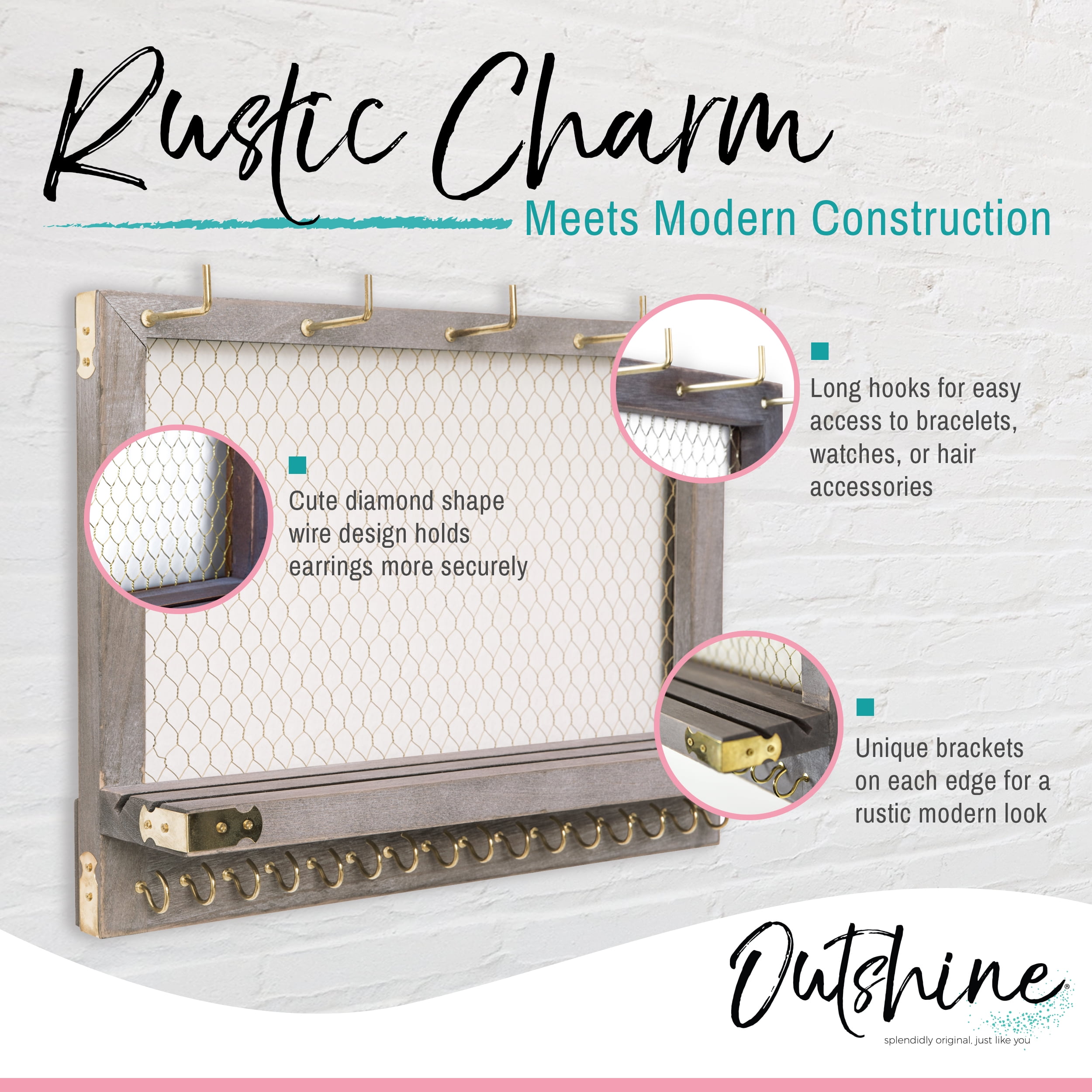 OUTSHINE Wall Jewelry Organizer (Rustic) | Jewelry Organizer Hanging on Wall | Jewelry Organizer Wall Hanging for Vintage Room Decor | Western Jewelry Wall Mount Organizer