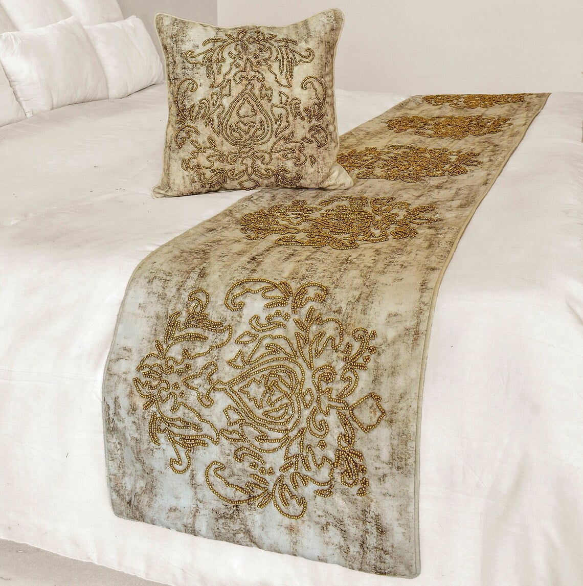The HomeCentric King / Queen / Twin Ivory & Gold Designer Full 68"x18" Bed Runner WITHOUT Pillow Cover, Beaded & Foil Bed Scarf on Silk fabric - Foil Damask Gold