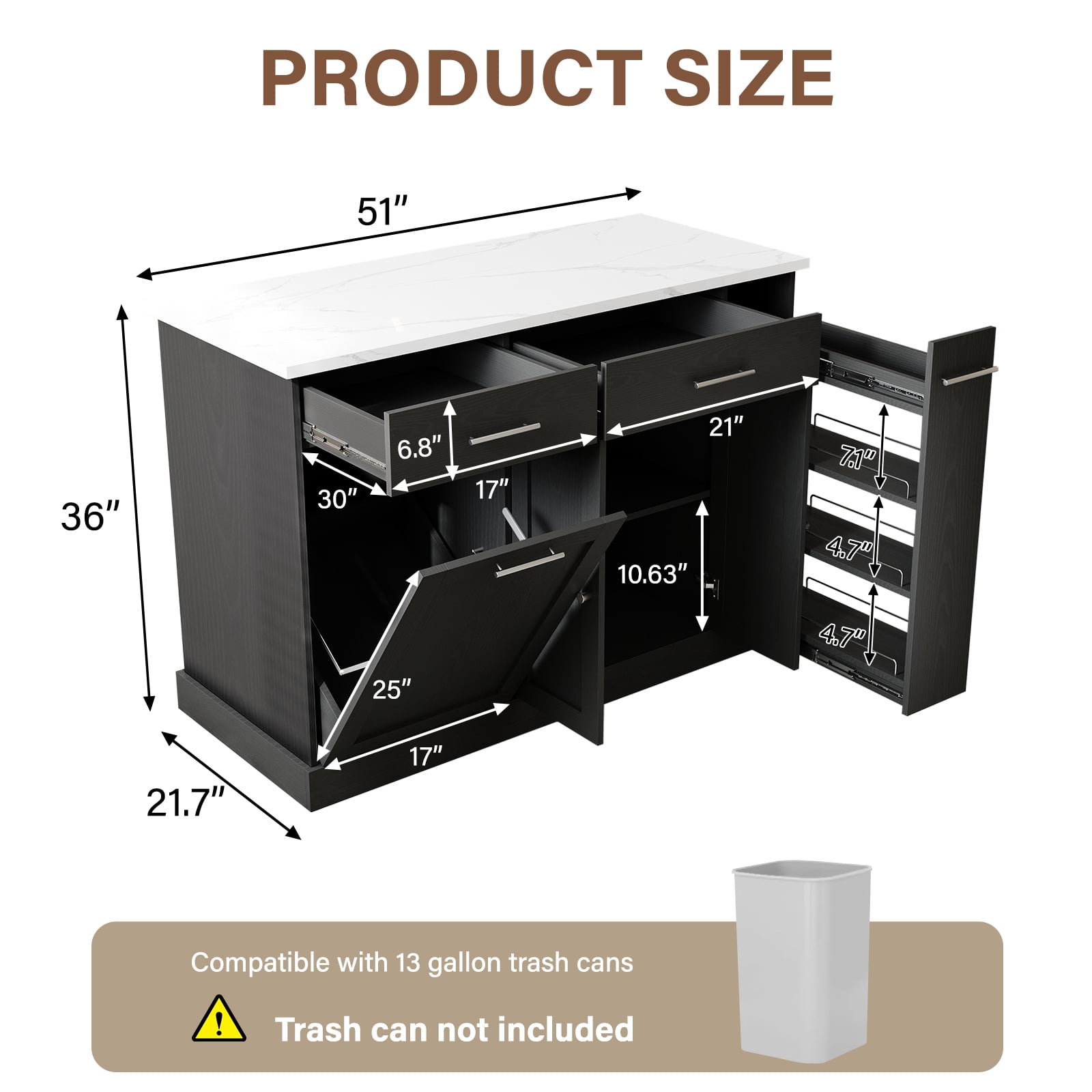 4 EVER WINNER Rolling Kitchen Island Cart with Storage, Mobile Kitchen Island on Wheels with Trash Can Storage, Spice Rack & Towel Rack, Multi-Functional Kitchen Island Table for Organization, Black