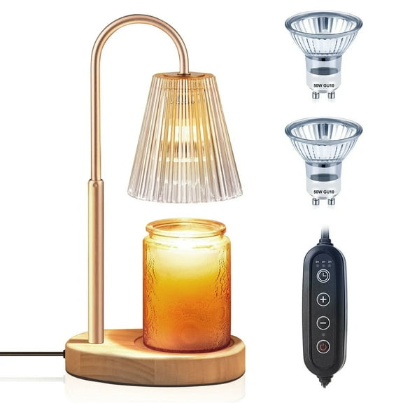 Candle Warmer Lamp with Timer,Dimmable,Adjustable Height - Electric Top Down Melting for All Jar Candles - Home Decor Wax Melter Light in Amber (Includes 2 Halogen Bulbs)