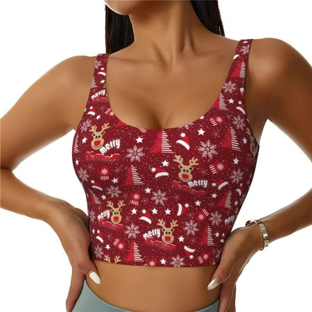 Qokaie Festive Reindeer Pattern Womens Scoop Neck Sports Bra Breathable Workout Vest Padded U Back Medium Impact Fitness Gym Yoga Bra Workout Crop Top-Small
