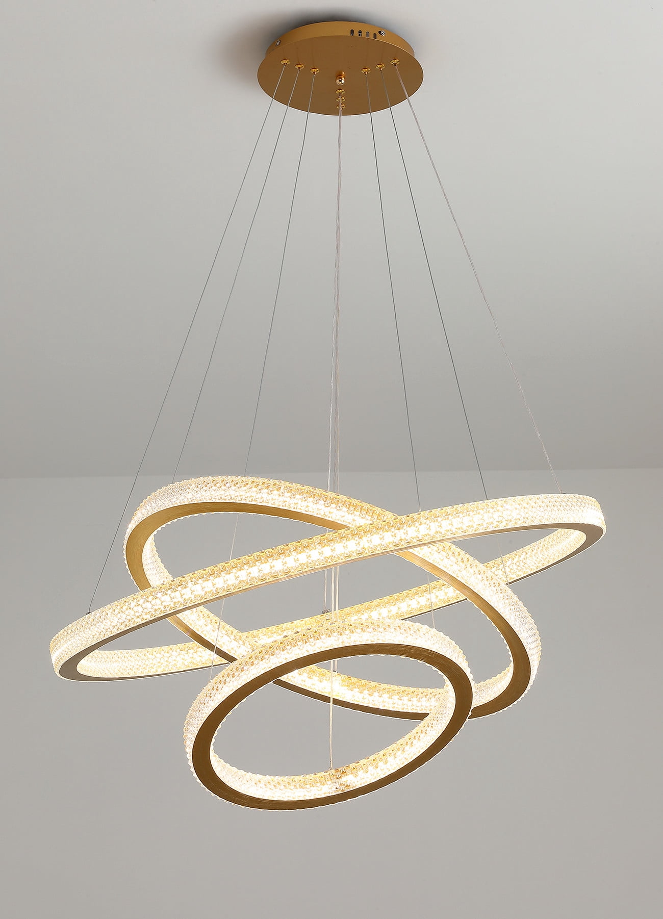 Aiwen Gold Finished 3 Tiered Crystal Rings Linear Chandelier Stylish Pendant Light