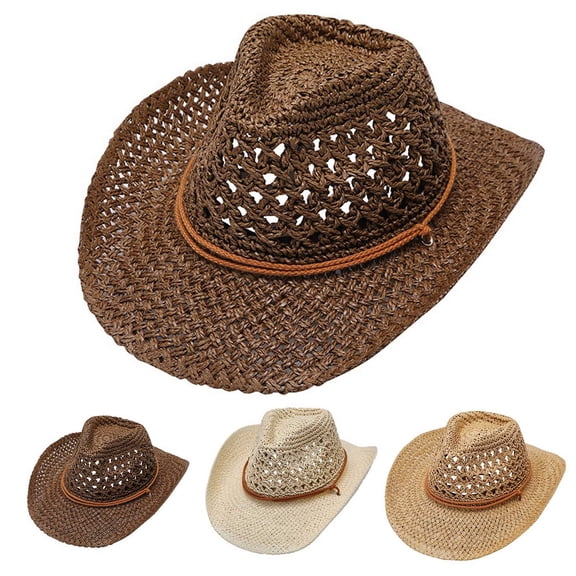 CAIXIA Unisex Summer Western Cowboy Straw Hat, Casual Wide Brim Sunscreen Cap, Lightweight Breathable Beach Outdoor Travel Headwear