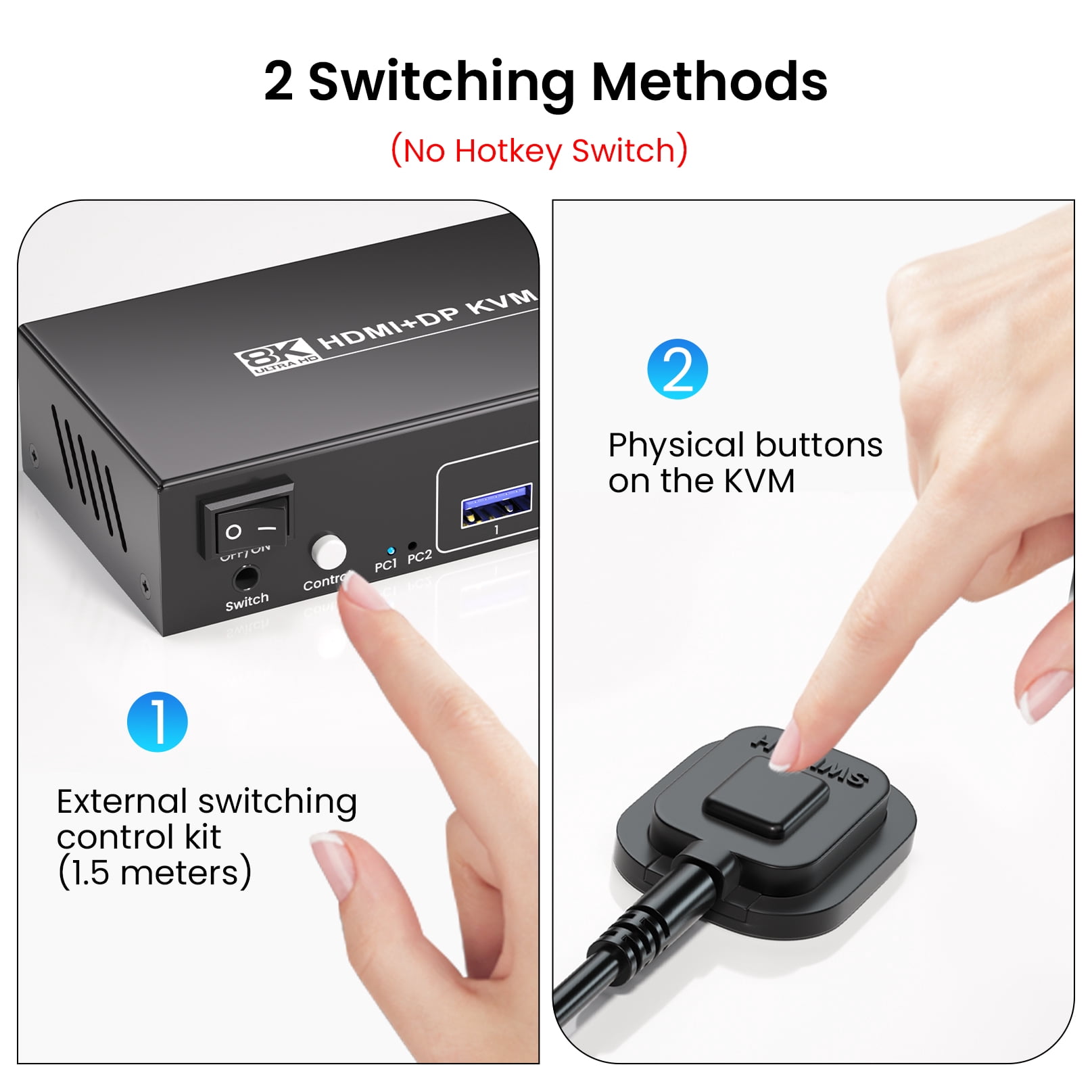 8K60Hz 4K120Hz HDMI DP KVM Switch 2 Monitors 2 Computers, Dual Monitor HDMI Displayport KVM Switch– USB 3.0, Two Switching Methods, 8K High-Resolution Support