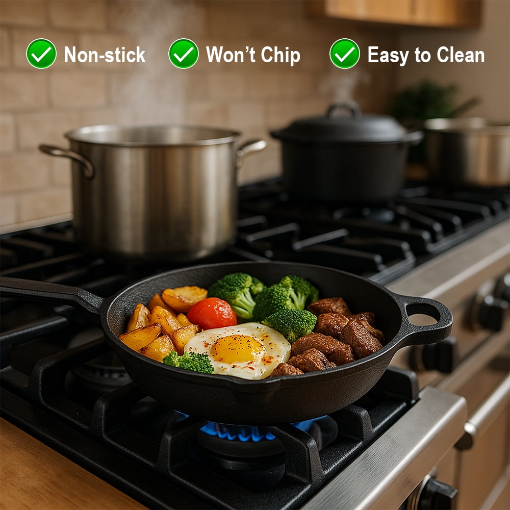 Cast Iron Griddle Pan (Tawa) with Long Handle, Pre-Seasoned Flat Skillet for Roti, Dosa, Pancakes, Tortillas, Heavy-Duty Shallow Frying Pan for Gas, Grill, or Open Fire, 10 Inch