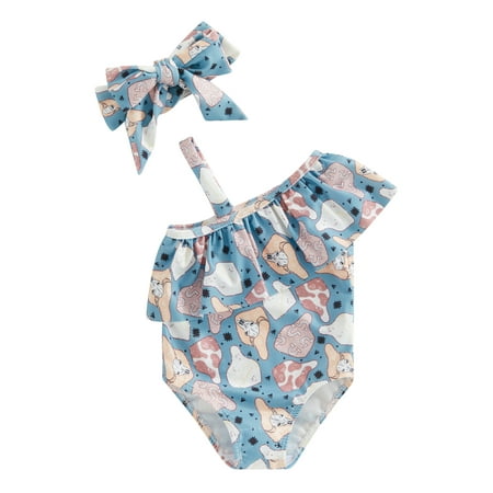 

Infant Baby Girls Swimwear Bikini Slash Neck Ruffle Print Bathing Suit Headband Set
