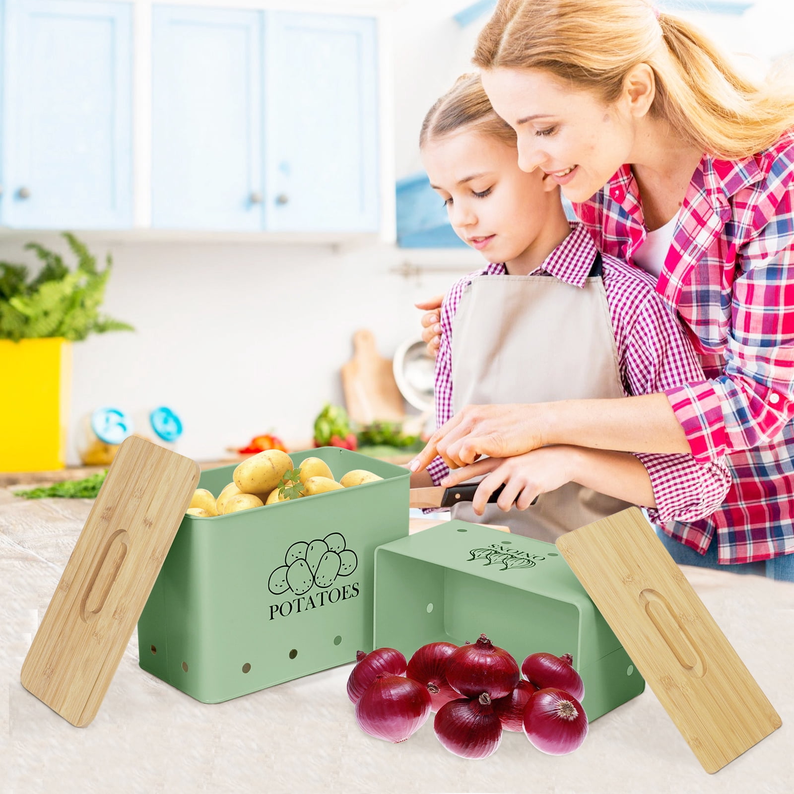 Pethiy Kitchen Vegetable Storage,Metal Onion and Potato Canisters with Wooden Lid,Storage Containers with Ventilated Holes for Freshness,2 Pack,Green