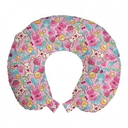 Baby Travel Pillow Neck Rest, Kawaii Bunnies Ice Cream and Candies Doodle Style Cartoon Drawing Abstract, Memory Foam Traveling Accessory Airplane and Car, 12", Pink Turquoise Mustard, by Ambesonne
