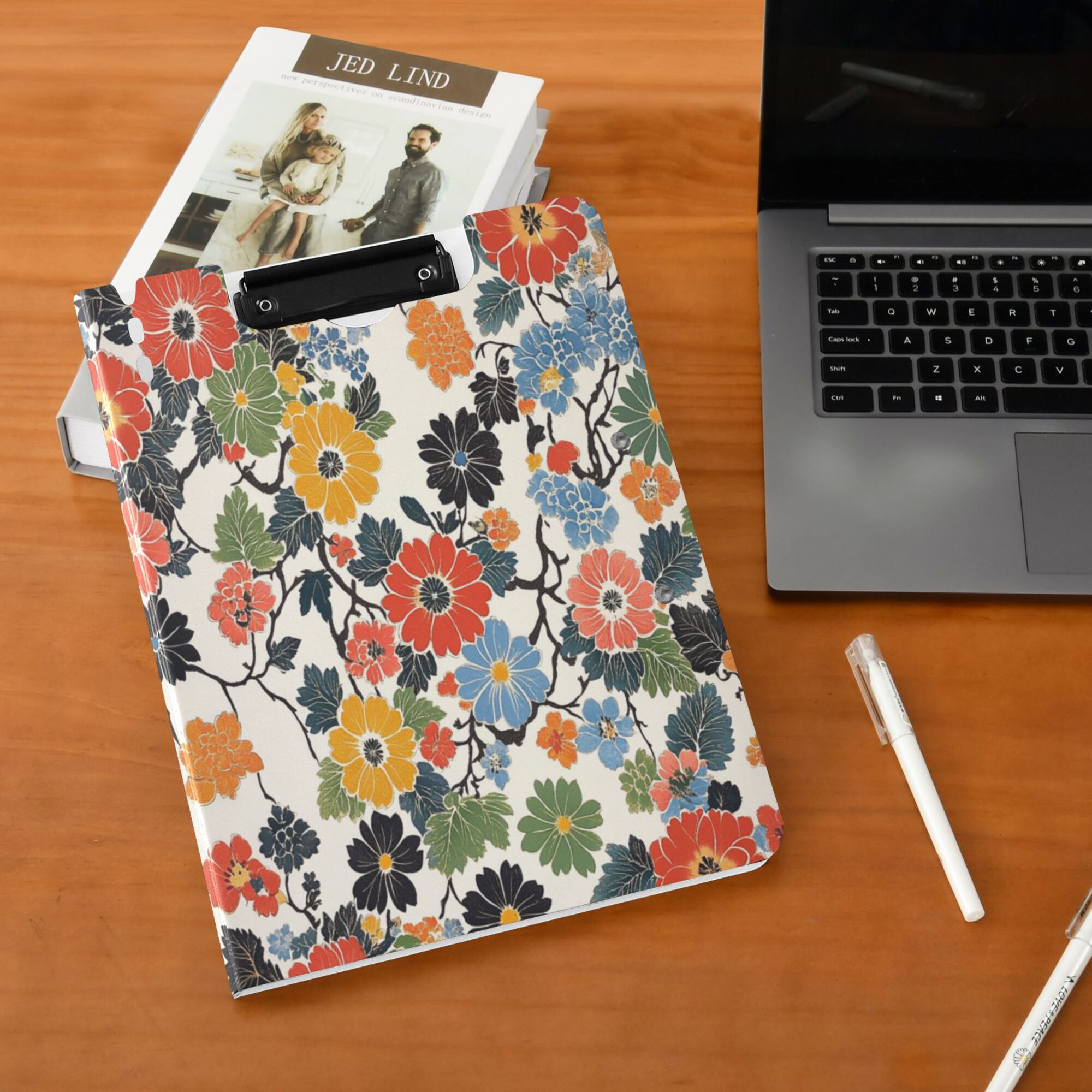 FORMRS A4 Clipboard Folder with Pen Holder Horizontal Foldable School Office Binder, Black Flowers Pattern