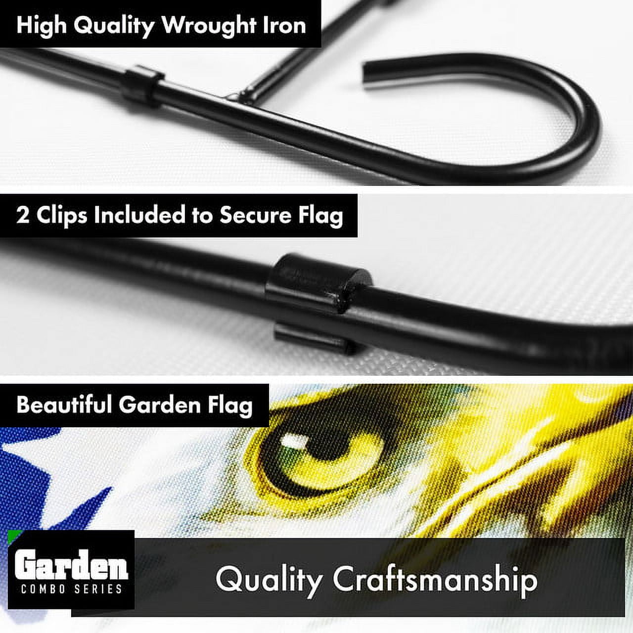 G128 Combo Pack: Garden Flag Stand Black 36x16IN & Garden Flag God Bless America USA Flag with Eagle 12x18IN