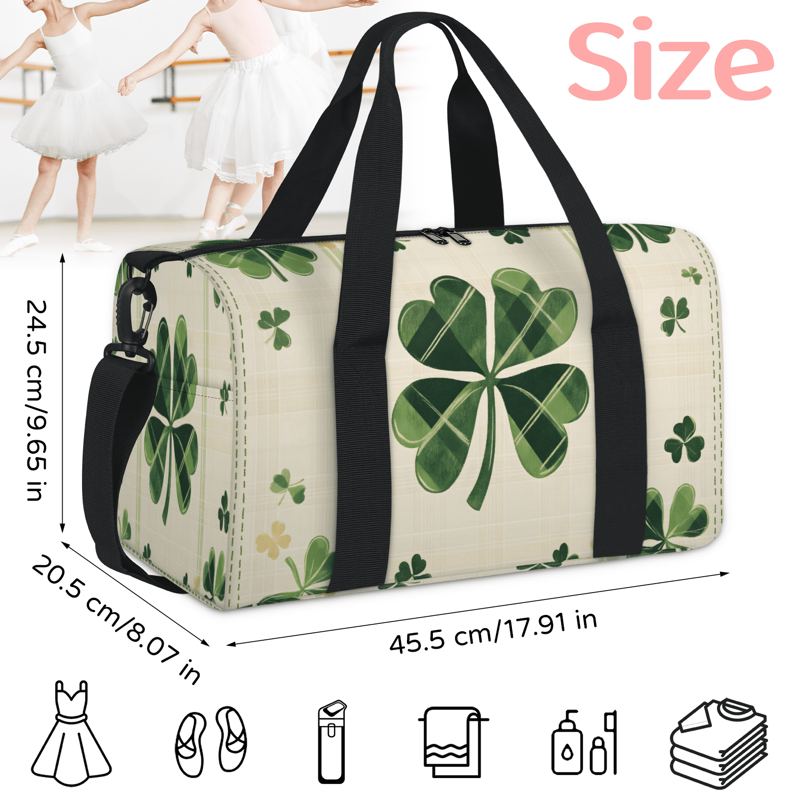 Herdesigns St Patrick's Day Shamrock Gym Bag for Women, Duffle Bag for Travel Sport, Lightweight Waterproof Carry on Weekender Overnight Dance Yoga Workout Bags