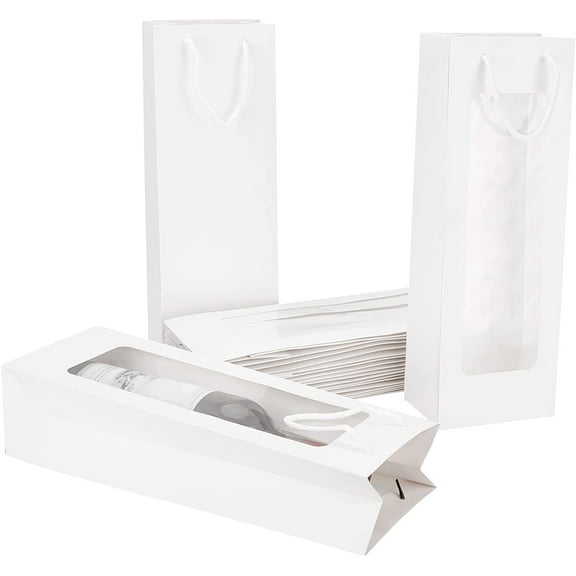 12pcs Wine Gift Bags with Clear Window White Kraft Paper Wine Bags with Handles Solid Champagne Bags