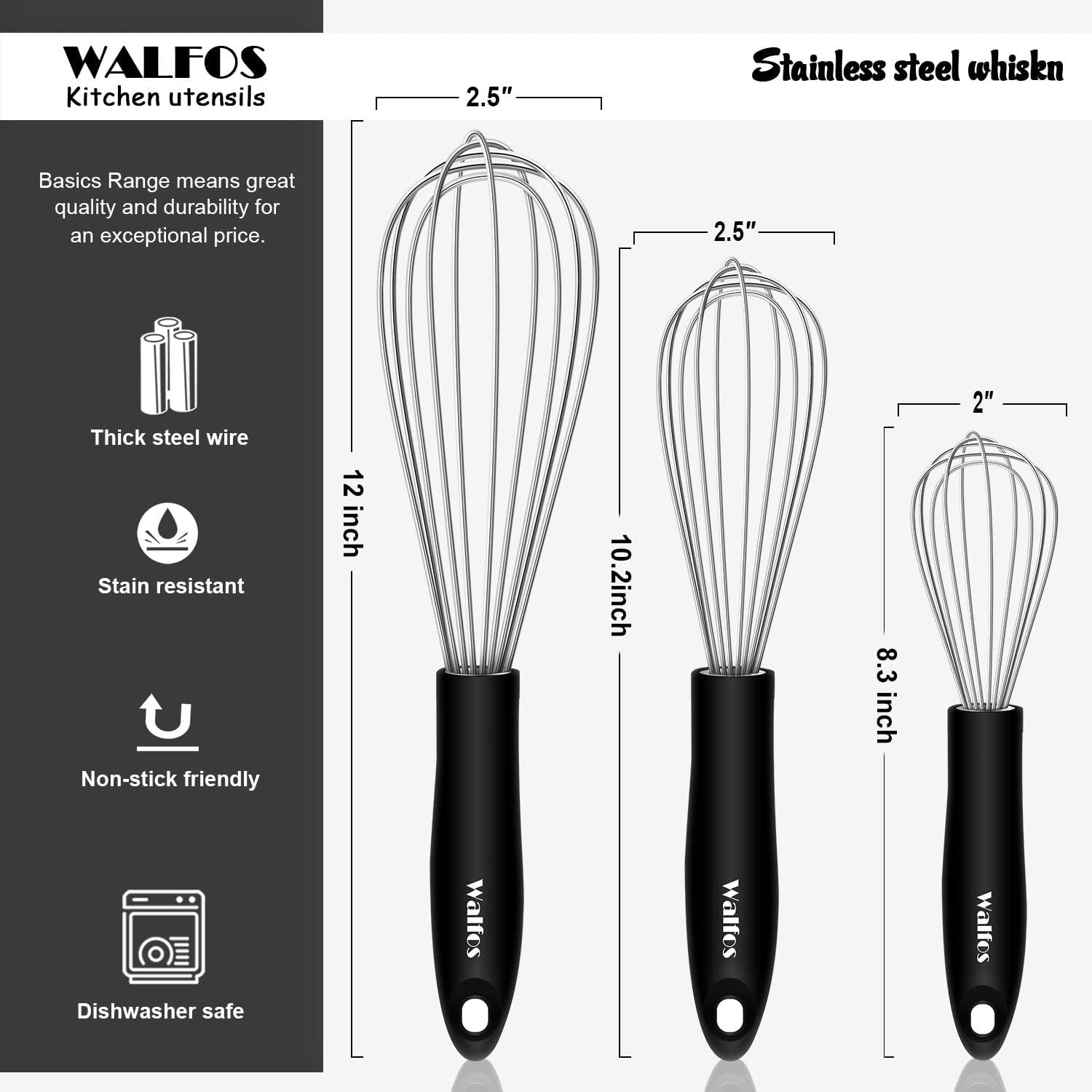 Walfos Stainless Steel Wire Whisk Set - 3 Packs Balloon Whisk, Thick Wire  Wisk ＆ Strong Handles, Egg Frother for Cooking, Blending, Whisking, Beating  and Stirring (8.5+10+11) 