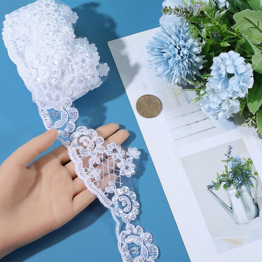 1 Set 5.2 Yards Flower Polyester Lace Trim Ribbon for Sewing Crafts Wedding Decoration White 2-3/4 inch(70mm)