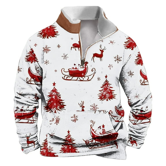 SERTG Men Christmas Hoodless Sweatshirt Men's Christmas Print Pullover Half Zip Stand Collar Long Sleeve Christmas Gifts Holiday Fashion Casual Top(Red,M)