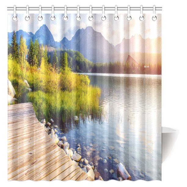 MYPOP Lake House Decor Shower Curtain, Lake with Mountain