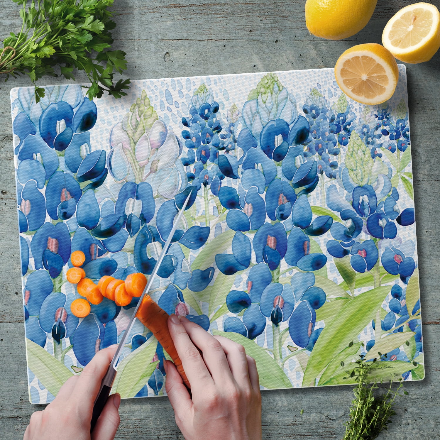 CounterArt Bluebonnets Tempered Glass Cutting Board 15" x 12"