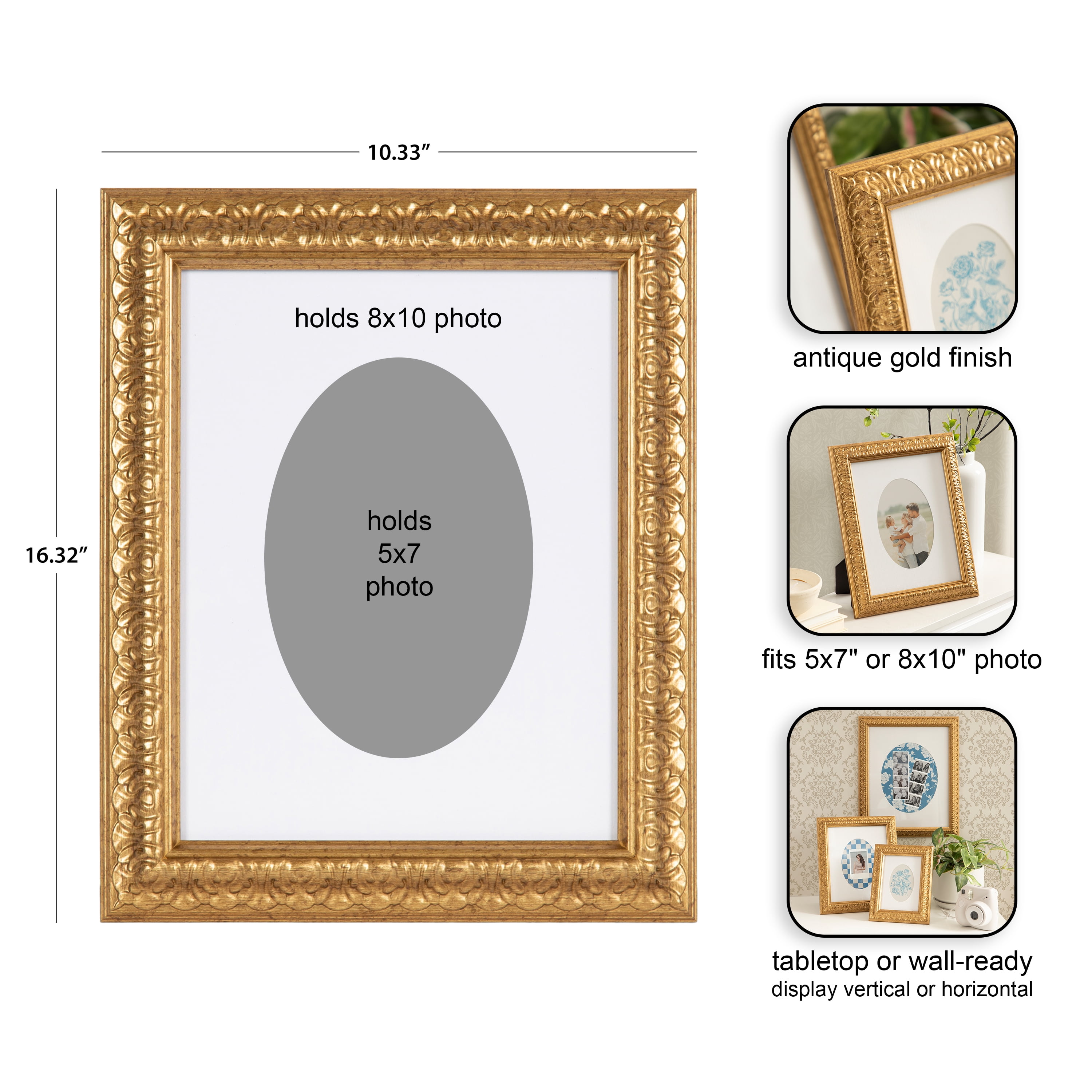 DesignOvation – 5x7 Picture Frame – Ornate Matted Antique Gold Tabletop Photo Frame