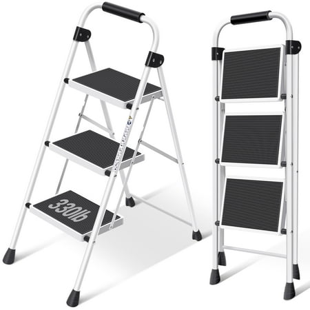 KINGRACK 3 Step Ladder  Folding Step Stool with Handrail & Steel Wide Anti-Slip Pedal and 330lb Capacity  White