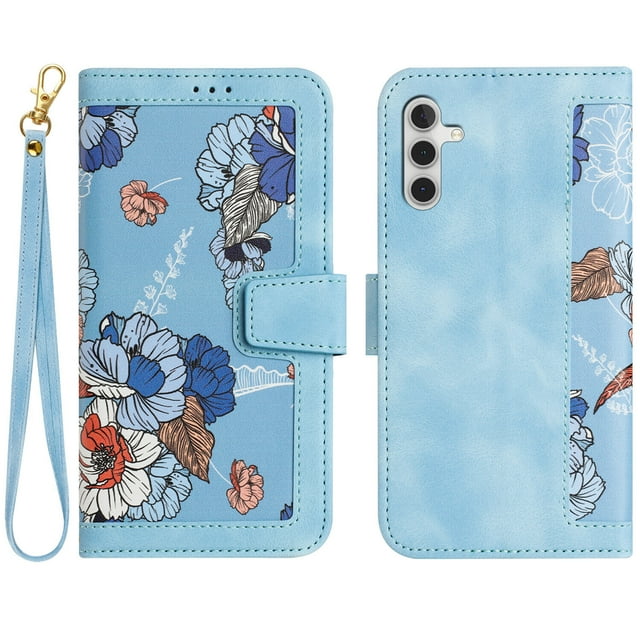 Compatible with Samsung Galaxy A34 5G Vintage Flower Wallet Case Magnetic Closure Cover with Card Slots