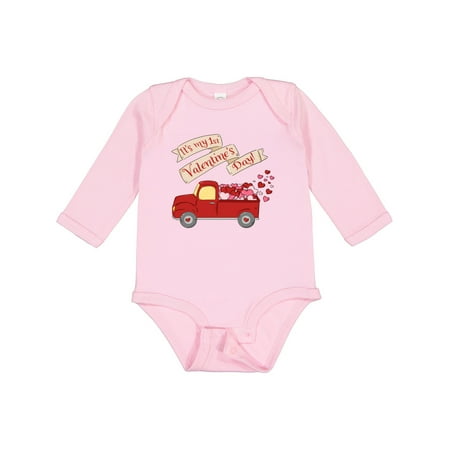 

Inktastic It s My 1st Valentine s Day with Red Truck and Hearts Gift Baby Boy or Baby Girl Long Sleeve Bodysuit