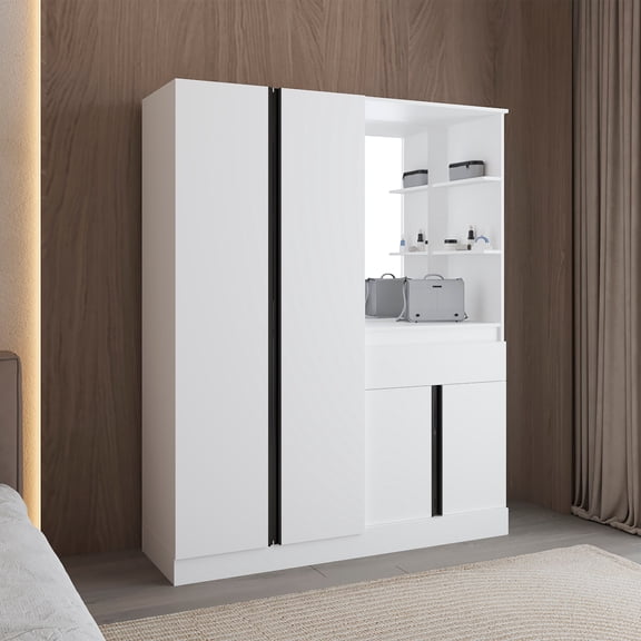 TUHOME Kamelot Wardrobe Closet, 73.3" Freestanding Bedroom Armoire, Hanging Rod, 5 Shelves, 1 Drawer, White