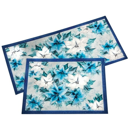 Collection Poinsettia - Icy Blue Poinsettia Elegant Christmas Rug Set