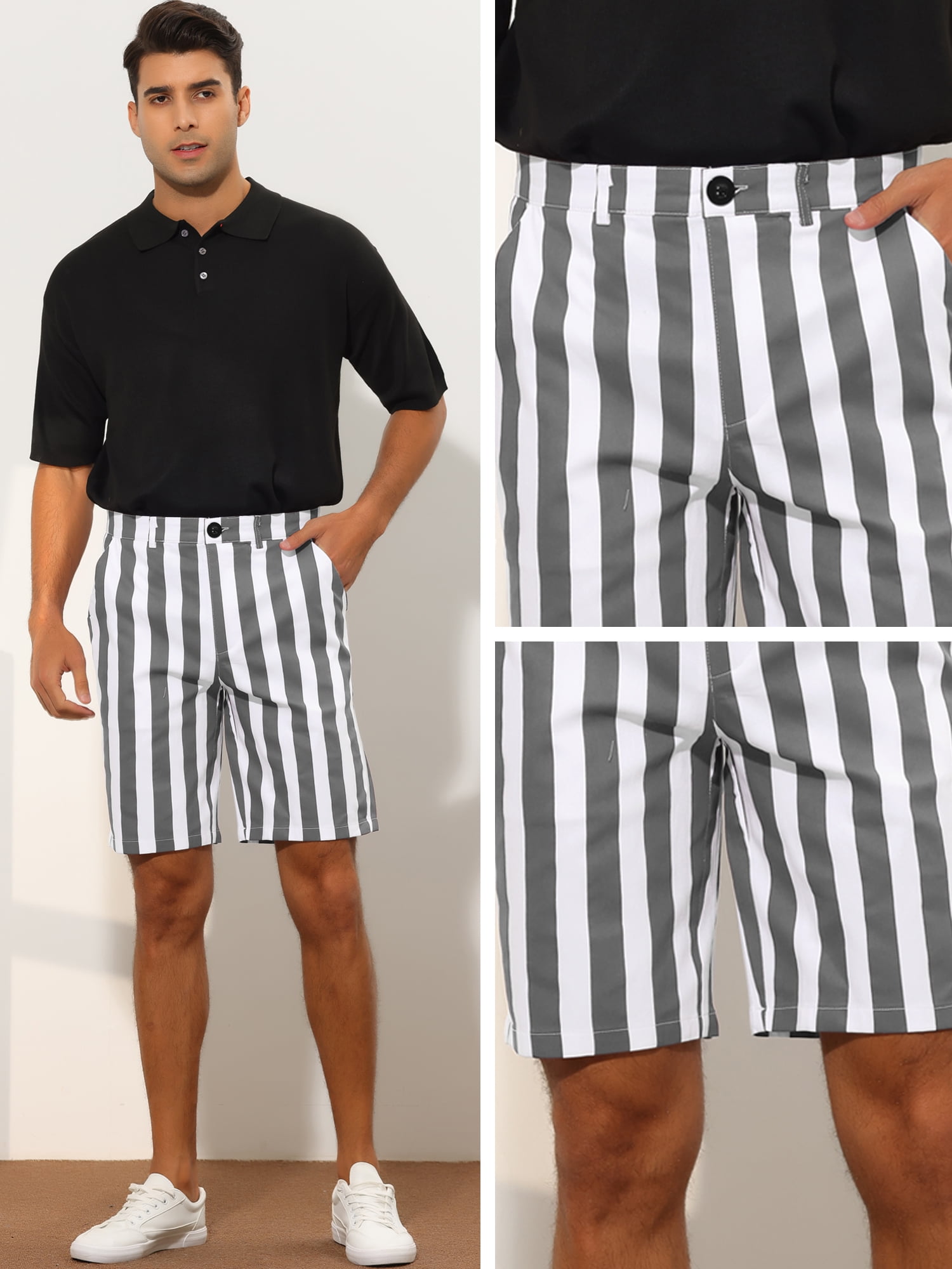 Unique Bargains Men's Striped Shorts Summer Regular Fit Business Flat Front Shorts 38 Gray