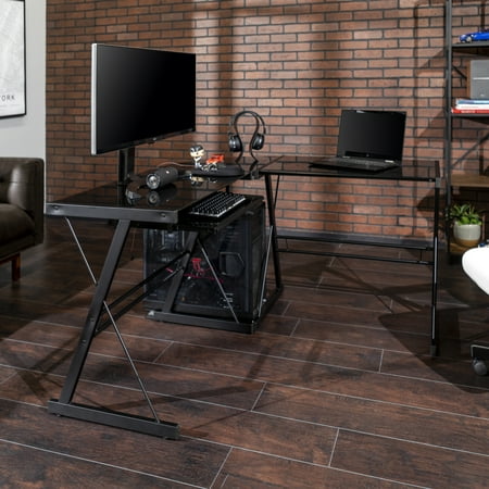 Walker Edison - 51" L-Shaped Modern Glass Corner Computer Desk - Black
