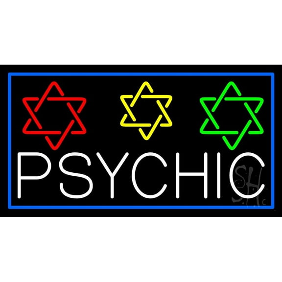 White Psychic With Stars LED Neon Sign 20" Tall x 37" Wide - inches Black Square Cut Acrylic Backing, with Dimmer - Bright and Premium built indoor LED Neon Sign for Storefront.