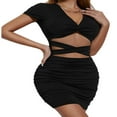 thumbnail image 4 of Bodycon Manches Courtes Femmes V Cou Plissé Évidé Slim Fit Mini Robe Courte, 4 of 7