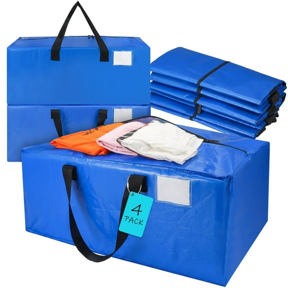 Topekada 4 Pack 25 Gallon Heavy Duty Moving Bags, Waterproof Storage Totes with Zippers for Moving Organization, Blue Extra Large Reusable Totes Bag with Strong Handles for Easy Carry