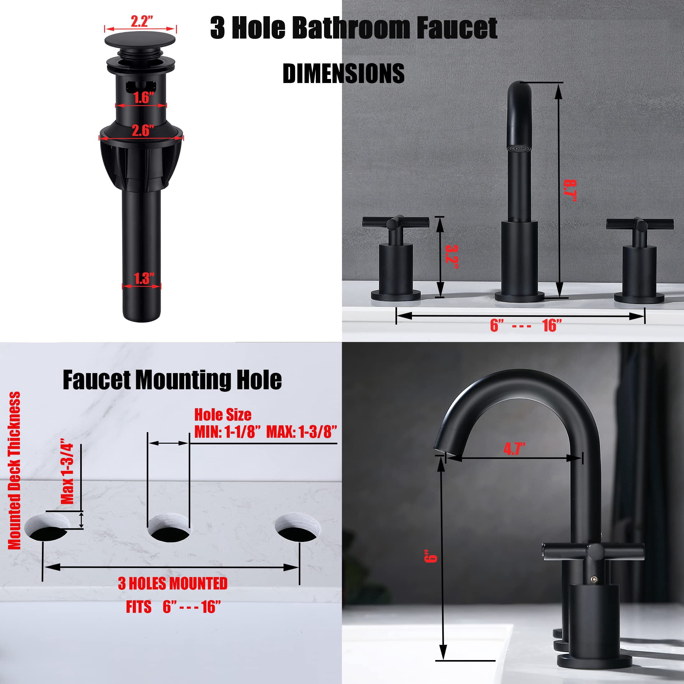 Adorer 8 Inches Widespread Bathroom Faucet 3 Hole, Matte Black Bathroom Sink Faucet with Pop-up Drain - 32133BK
