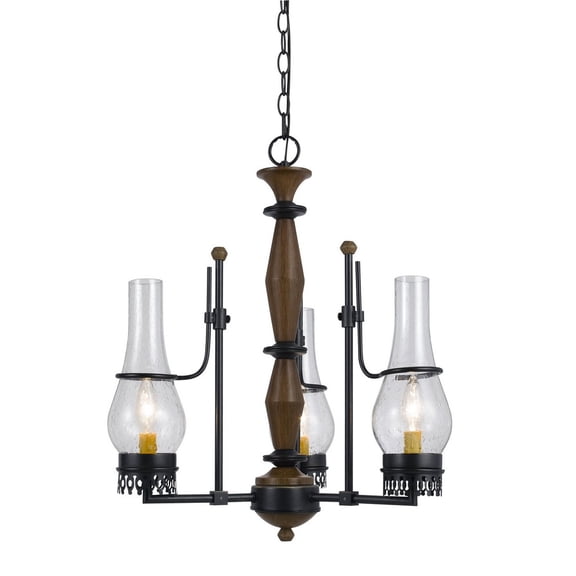 Cal Lighting 23" Tall Metal Chandelier in Metal Wood Finish-Color:Metal/Wood,Finish:Metal/Wood,Material:Glass,Shape:Round,Wattage:60WX3