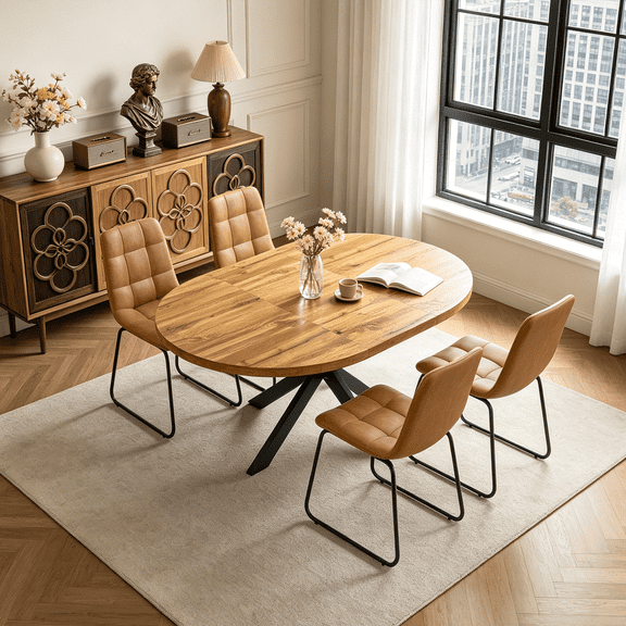 43.2"-59.2" Extendable Round Dining Table Set for 4-6,5 Piece Mid Century Modern Round Kitchen Table Set with 4 Upholstered Chairs for Kitchen Living Room, Space Saving