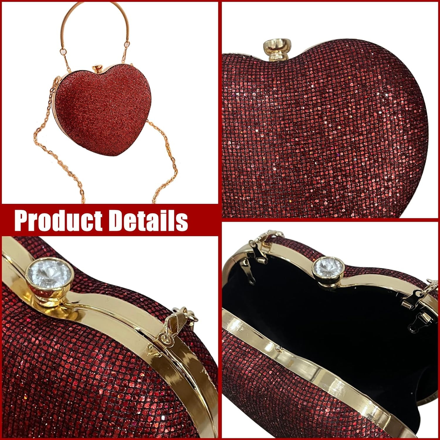 Evening Clutch Bag Women Bag Shiny Handbag Heart Shape Metal Clutches Bag Fashion Chain Shoulder Crossbody Bag Luxury Lady Purse
