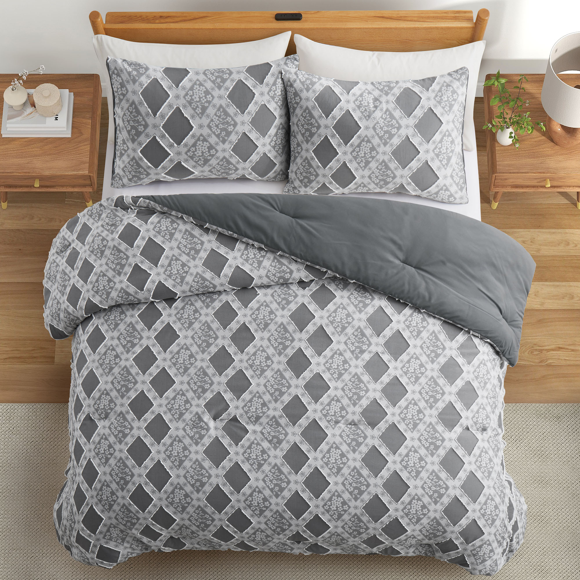 Peace Nest All Season Warmth Clipped Microfiber Comforter Set, Gray, King - image 1 of 6