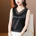 thumbnail image 2 of Women Summer Tops V Neck Net Yarn Short Sleeved T Shirt Women's New Summer Fashion Lace Undershirt Design Feeling Satin With A Coat Cute Tops for Women Sexy Camisole Padded Bra Cardigan Top Black XL, 2 of 5
