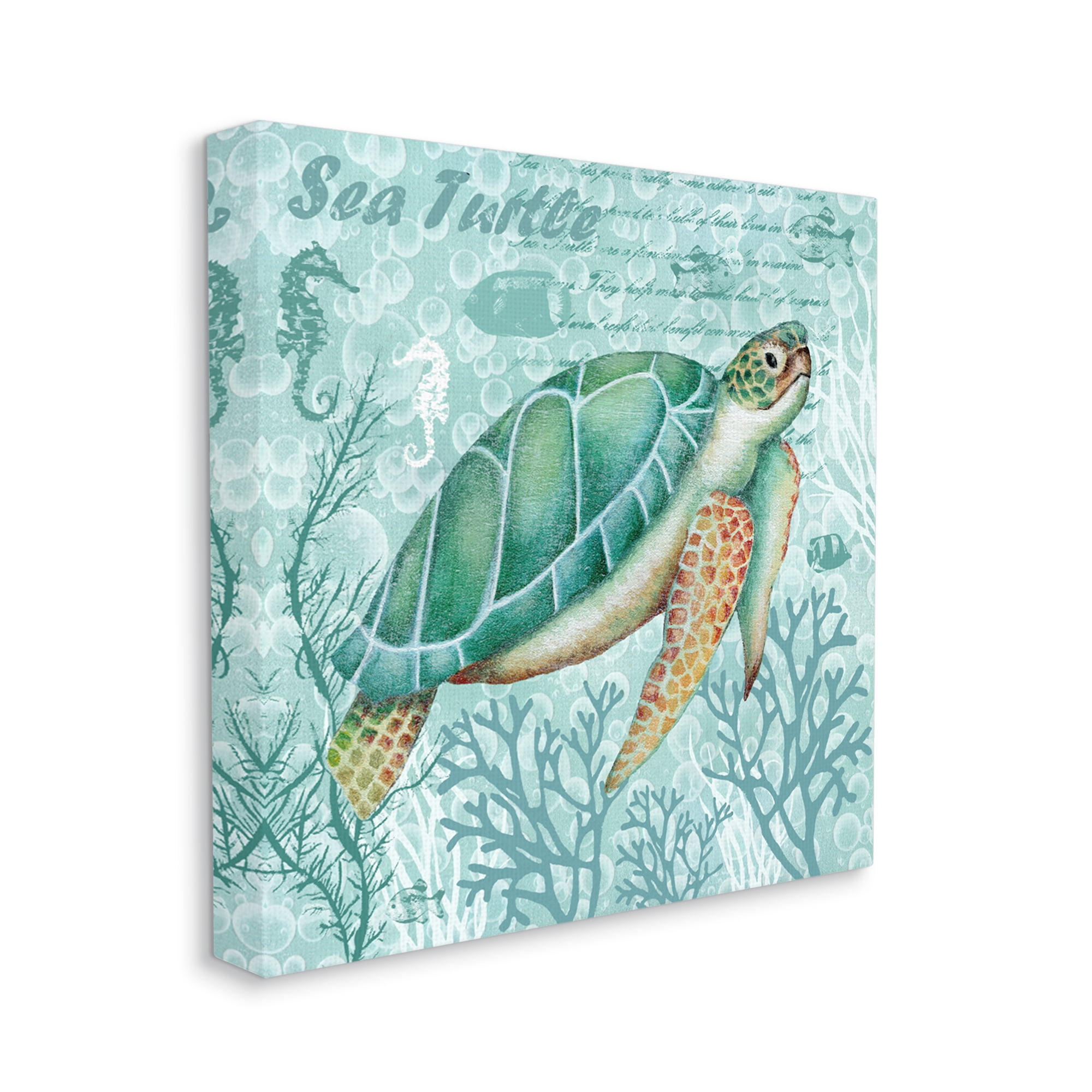 Stupell Industries Sea Turtle Detailed Coral Silhouettes Fancy Script Graphic Art Gallery Wrapped Canvas Print Wall Art, Design by Emma Leach